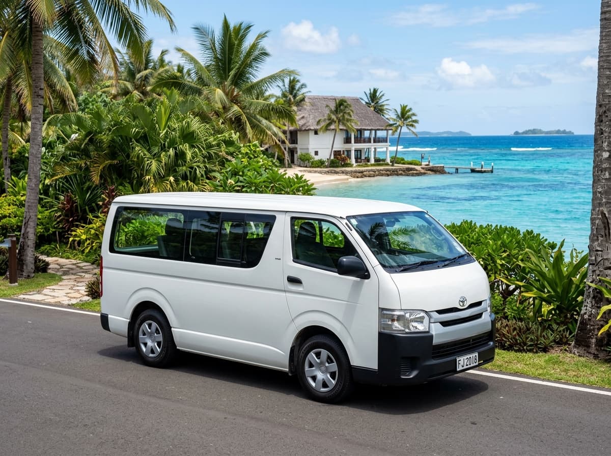 A white Toyota Hiace van parked at a beachside resort.