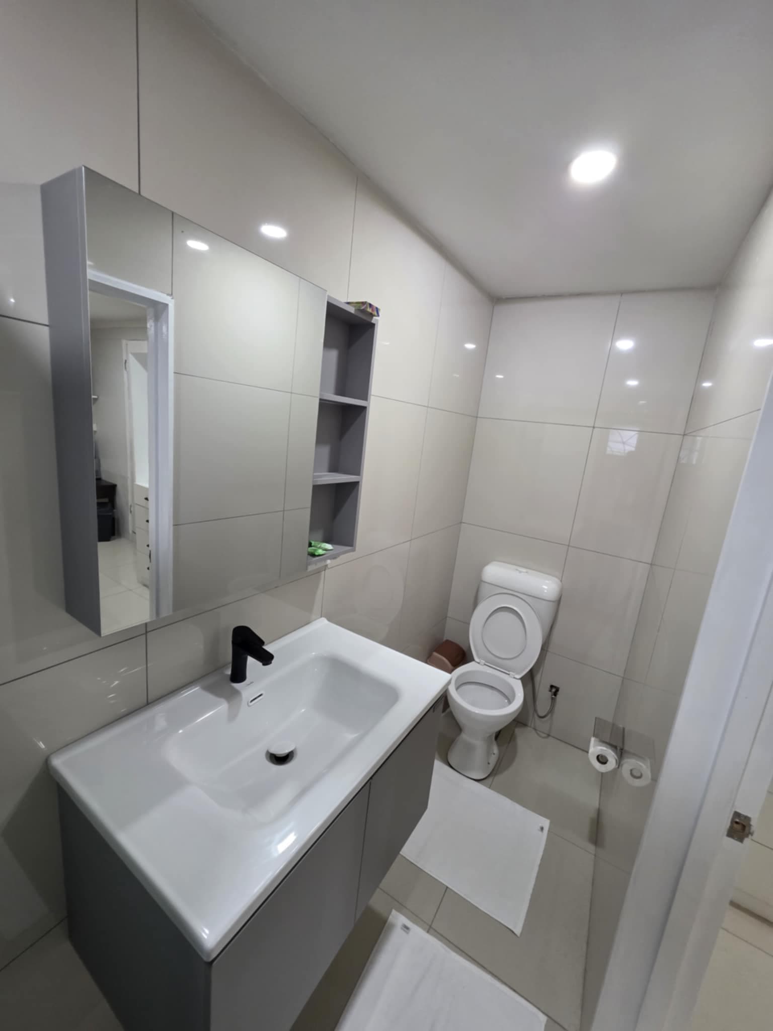 Studio bathroom with vanity, mirror cabinet and toilet