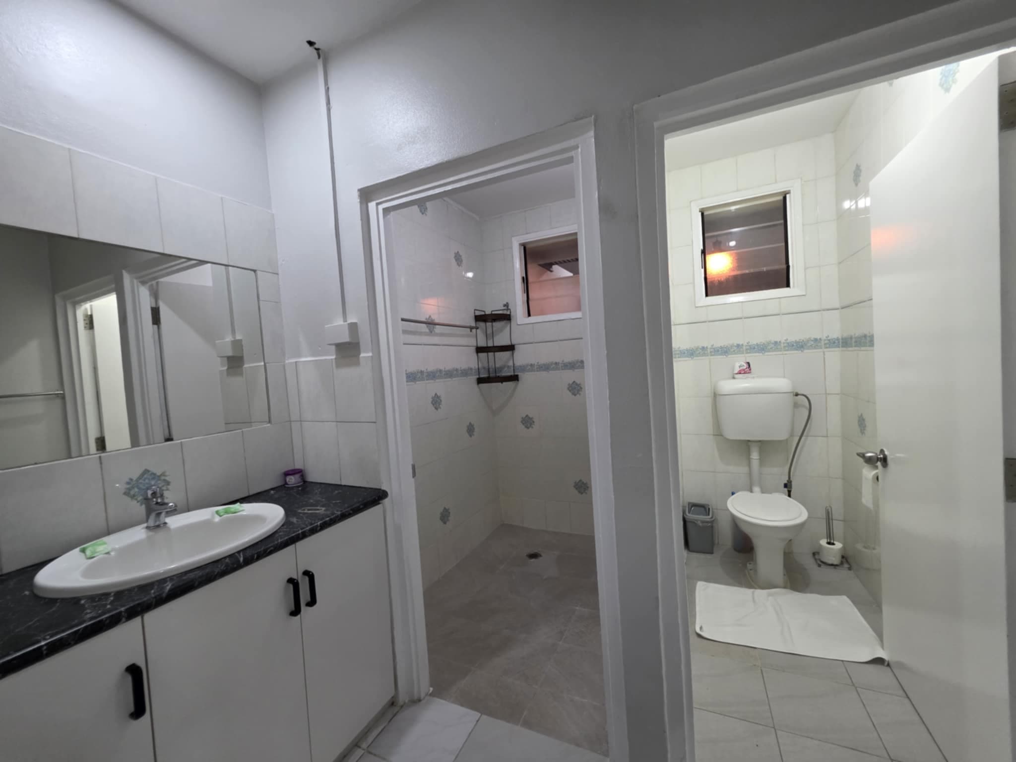 Bathroom with vanity, separate shower and toilet
